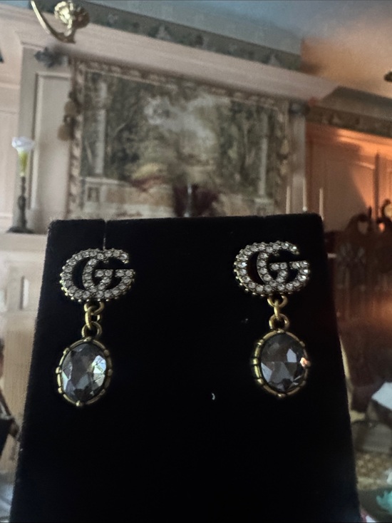 Jewelry - Earrings Double-G Drop - antique gold tone gray crystal